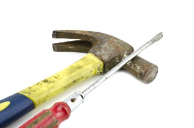 kırpılmış görüntü, paslı çekiç ve screwdrive