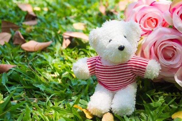 Urso de pelúcia com coração e rosas no fundo — Fotografia de Stock