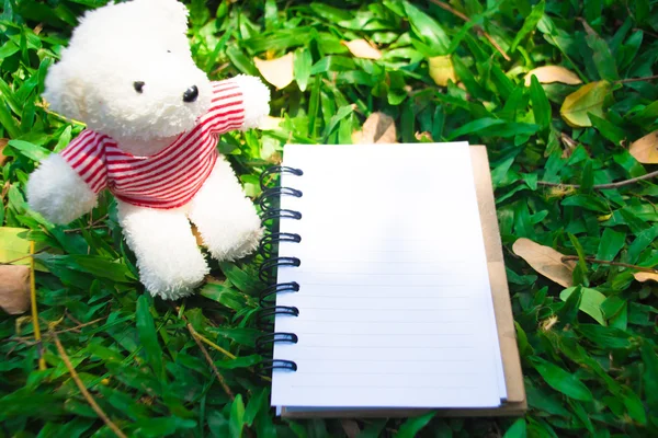 Notebook com ursinho de pelúcia no jardim, abstrato efeito digital para fundo — Fotografia de Stock