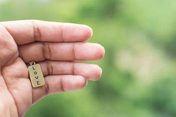 La etiqueta de amor en la mano del hombre con el árbol en el fondo — Foto de Stock