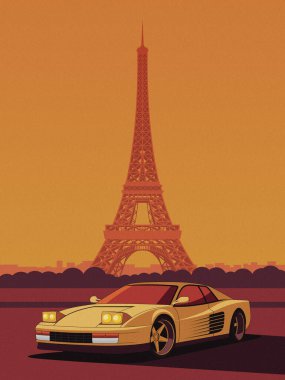 Eiffel Kulesi 'nin yakınına park edilmiş klasik bir spor arabanın dijital bir çizimi, yumuşak retro renkler ve minimalist dokuların yer aldığı.