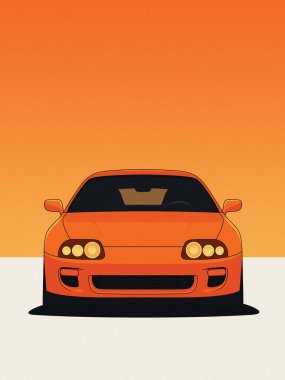 Bir Toyota Supra MK4 'ün minimalist çizimi, sıcak tonlara ve tahıl dokusuna sahip, geçmişe dönük estetik ön görünüşlü cesur bir sunumdur..