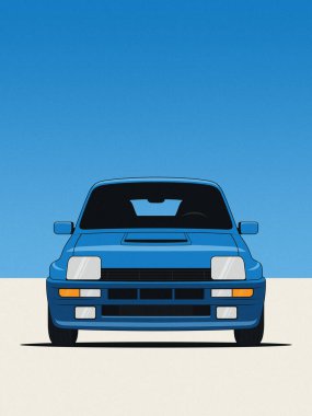 Renault 5 Turbo 'nun biçimlendirilmiş bir tasviri. Renault 5 Turbo' nun temiz bir ön görünümü, kalın renkler ve ince tahıl dokusuyla retro-esinlenmiş estetik..