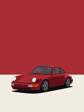 Üç çeyrekte klasik kırmızı Porsche 964 'ün minimalist çizimi. Düz renkleri ve dengeli kompozisyonu olan temiz retro poster biçimi.