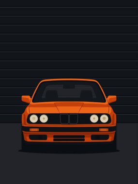 Turuncu bir BMW E30 'un atmosferik ışıklandırma ve koyu renk aksanlı stilize edilmiş eski bir garajdaki canlı düz-stil çizimi.