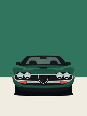 Koyu yeşil Alfa Romeo Montreal coupe 'u içeren minimalist vektör çizimleri yeşil ve açık bej tonların renkli engellenmiş arka planına karşı ön planda.