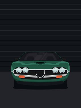 Koyu yeşil renkli klasik bir Alfa Romeo Montreal coupe tasviri, simgesel ön görünüme sahip, siyah bir garaj kapısına dayanan.
