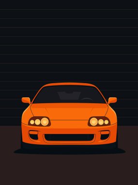 Klasik bir turuncu Japon spor arabası olan Toyota Supra MK4 (A80), koyu bir arka plana karşı düz, ön görüş vektör tarzında sunulmaktadır..
