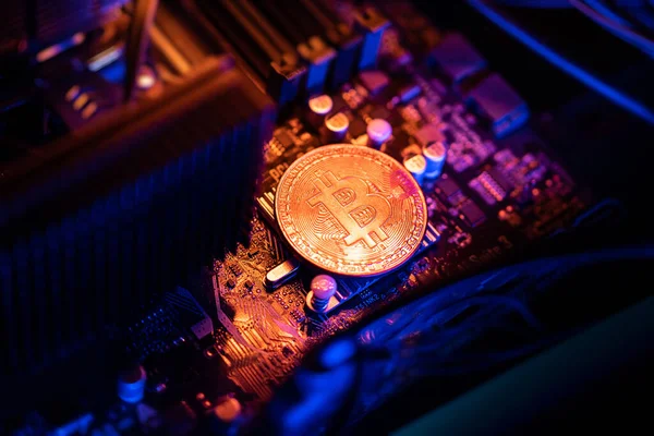 Bitcoin moneda criptomoneda en una placa base de PC, concepto de minería criptomoneda Fotos de stock libres de derechos