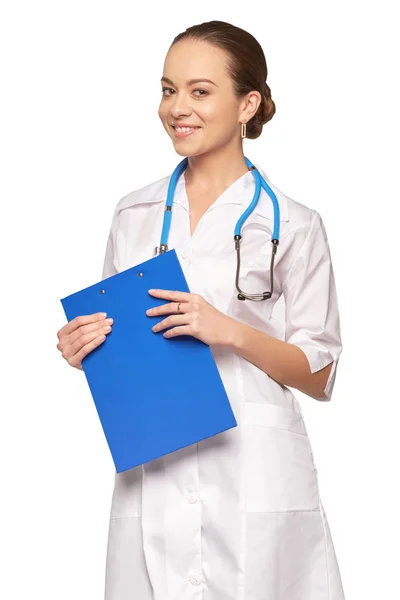 Young doctor holding blue folder — Stock Photo, Image