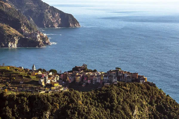 Akdeniz Kıyısında Bir Talyan Köyü Olan Corniglia Nın Havadan Görünüşü — Stok fotoğraf