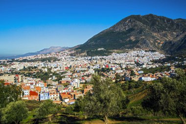 Panoramik açıdan mavi ikonik şehir Kasbah ve Medina 'nın açık mavi gökyüzü, zeytin ve dağlara karşı Chefchaouen' ın manzarası. Fas, Afrika