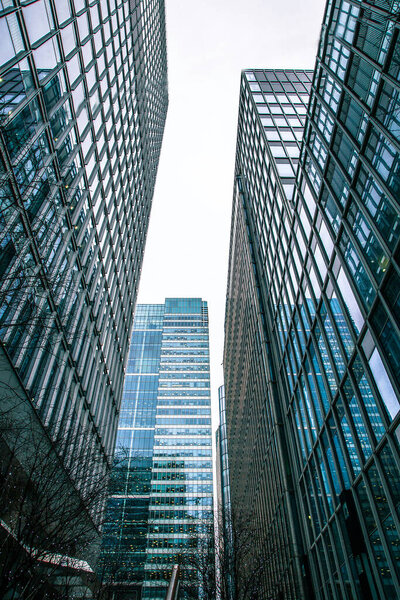 London, England - 30 DECEMBER 2018: panoramic view of skyscraper in Canary Wharf financial district