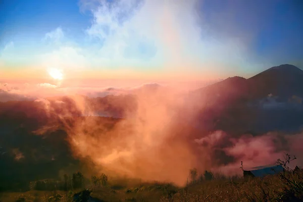 Vista Panorámica Del Volcán Agung Lago Batur Salida Del Sol — Foto de Stock