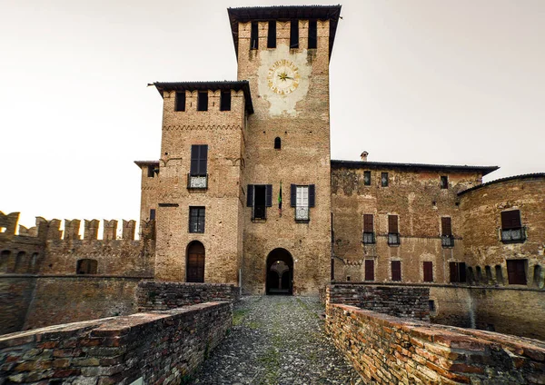 Wide Angle Front View Medieval Fontanellato Castle Tower Big Clock — Stock Photo, Image