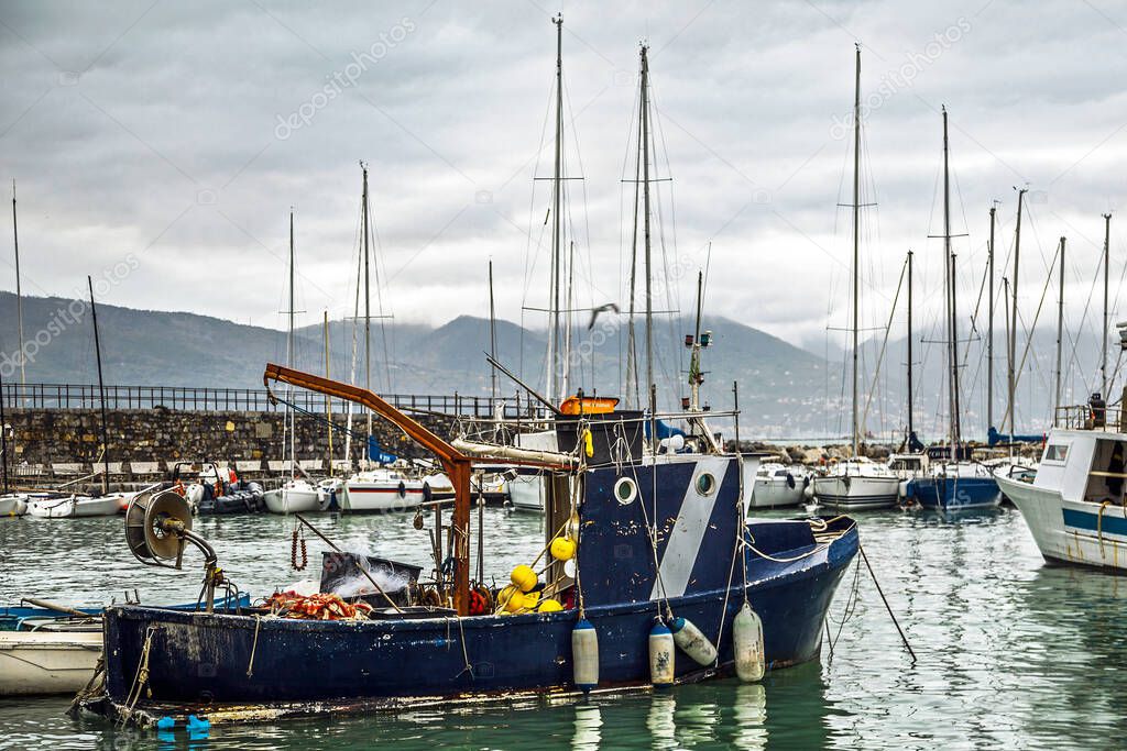 Italian harbor seascape view and fishing boat, Lerici, La Spezia, Liguria, Italy