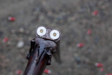 İki tetik ve iki çekiçle eski, klasik, kırıcı, çift namlulu bir tüfek. Eylem açık, iki av tüfeği kovanı ve yerde boş kovan var..