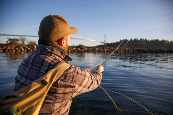 Fly Fisherman Casts Capilano River West Vancouver Ambleside Beach Lion — Stock Photo, Image