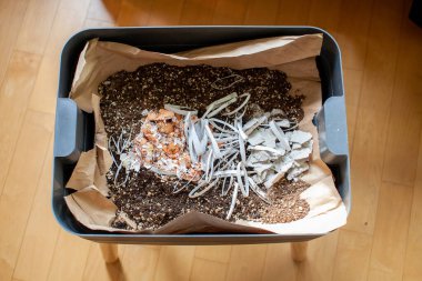 A mixture of bedding material is put into the starting tray of a worm composter, before the worms move in, to give them a good home with soil, cardboard, eggshells and coffee grounds clipart