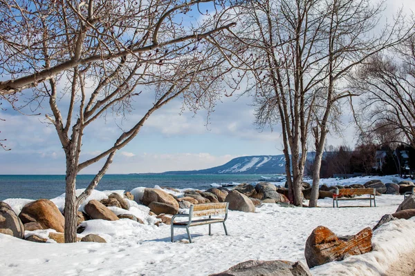 A view of Alpine Ski club and resort ski hills from the Thornbury Marina looking out to Georgian Bay in the winter.