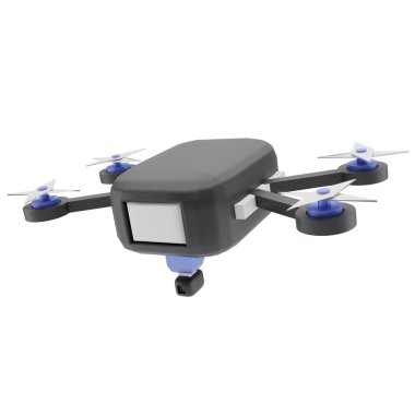 3D uçan dron kamerası siyah ve mavi renklerde.