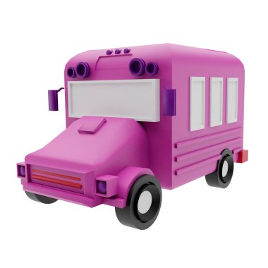 Beyaz arkaplanda 3 boyutlu mor okul otobüsü çizimi