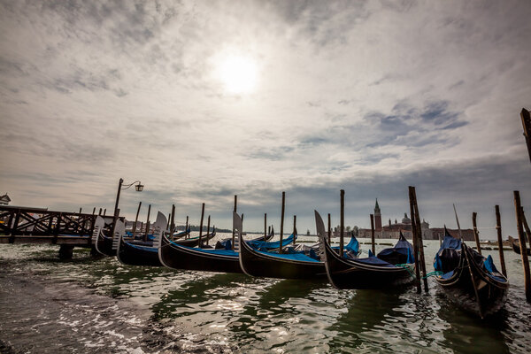 Row of gondolas in Venice