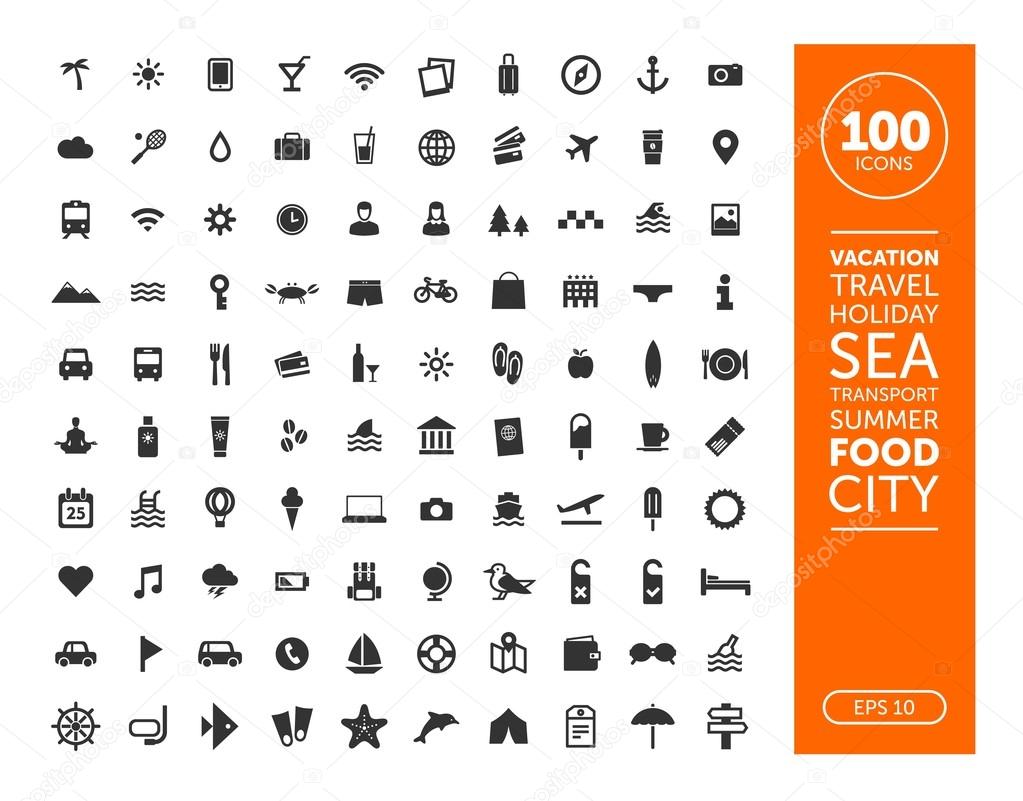 100 travel and vacation icon set