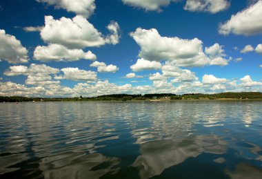 Yaz, yatay, bulutlar ve göl su yansıma
