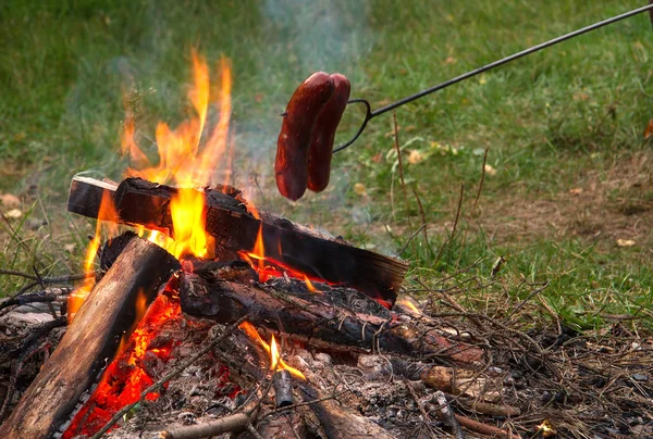 Doğada bir ateşte Poland.Roasting sosis. Yatay