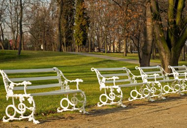 Avenue park n Decembe beyaz, stilize banklarda bir dizi