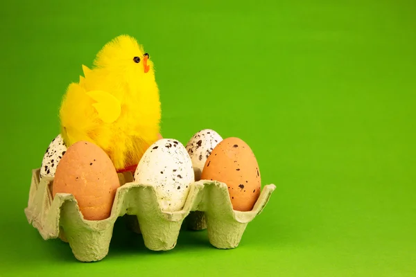 Decoração de Páscoa com uma figura de galinha e ovos gre isolado — Fotografia de Stock