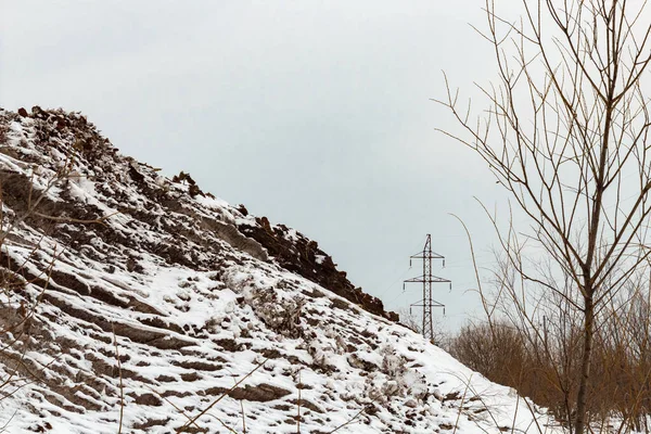 Bulutlu bir gökyüzünün arka planına karşı ağaç dalları çerçevesinde kış manzarası.