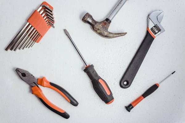 Werkzeuge Für Bau Und Reparatur Auf Weißem Hintergrund Von Oben — Stockfoto