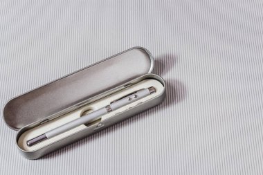 Hafif bir arkaplan üzerinde eğitim ve sunum için lazer işaretleyicili teleskopik kalem.