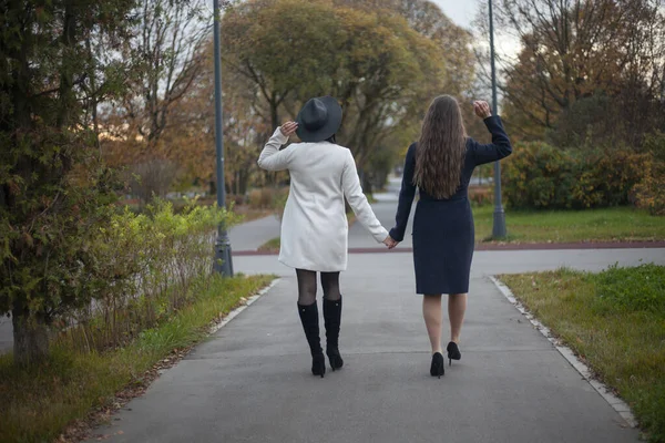 Děvčata se drží za ruce. Dvě ženy jdou po ulici. Střílí zezadu. Procházka v parku. — Stock fotografie