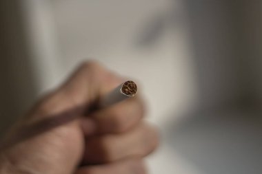 Elde sigara. Sigaradaki tütün. Sigara içmek sağlığa zararlıdır. Sigaranın içinde kahverengi tütün.