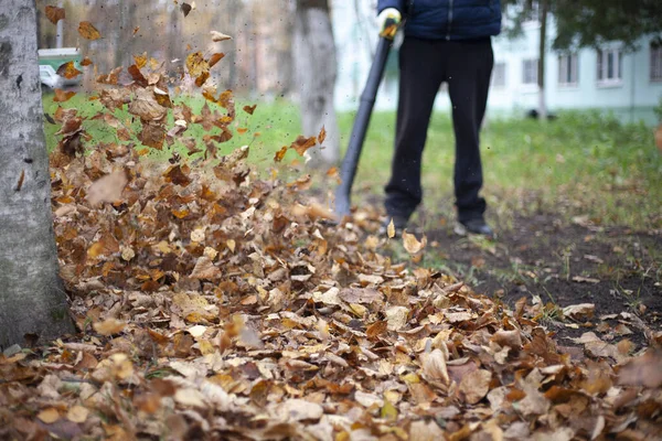 Kuru yaprakları toplamak için hava türbini. Bahçıvan eski yaprakları döker.. — Stok fotoğraf