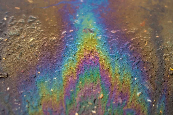 Gasoline Asphalt Texture Fuel Spilled Road Gasoline Shimmers All Colors — Stock Photo, Image