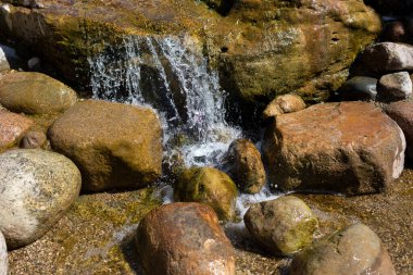 Taşların üzerine bir dağ deresi dökülüyor. Nehirdeki şelale. Akıntıda akıntı. Taşlar suyla ıslanmış. Bir şelalenin güzel arkaplanı.