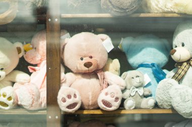 Yumuşak ayılar satmak. Tezgahta yumuşak oyuncaklar. Yumuşak patileri olan pofuduk bir hayvan..