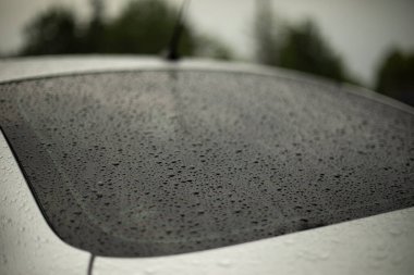 Arabanın camı damlacıkların içinde. Arabanın üzerine yağmur yağıyordu. Arabanın yüzeyinde yağmur damlaları var..