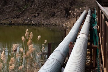 Endüstriyel ısıtma borusu. Yüzeydeki borular. Endüstriyel iletişim. Gaz arzı.