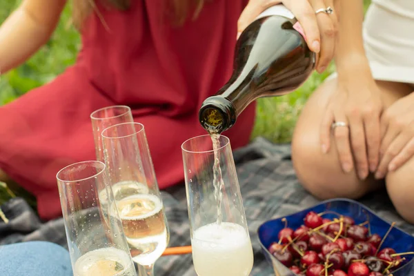 Kız Bardağa Şarap Dolduruyor Piknikteki Kızlar Bir Kadın Elinde Bir — Stok fotoğraf