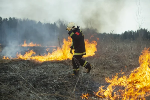 Ένας Πυροσβέστης Σβήνει Γρασίδι Ένας Πυροσβέστης Πολεμάει Μια Φωτιά Ανοιχτό — Φωτογραφία Αρχείου