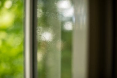 Yıkanmış pencerenin yüzeyi. Yaz gününde cam kırıkları. Camdaki su.