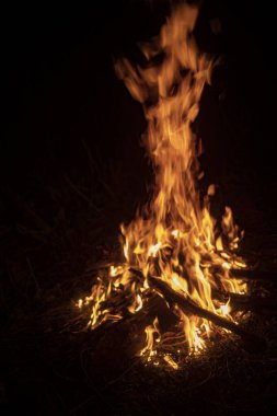 Karanlıkta ateş. Yanan odunların alevi. Geceleri ateş dilleri.