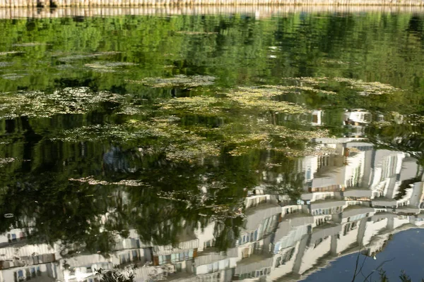 Reflektioner Byggnad Vattnet Stadsdamm Sommarvattenyta — Stockfoto