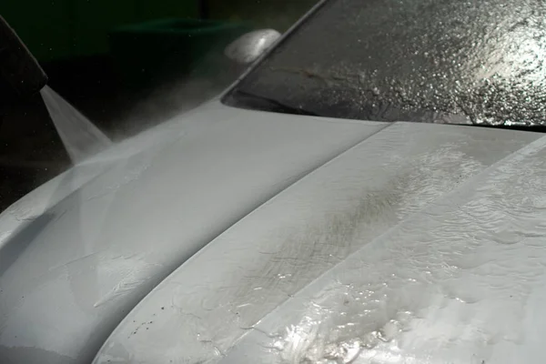 Lavagem Carro Carro Lavado Sob Pressão Jato Água Usando Spray — Fotografia de Stock
