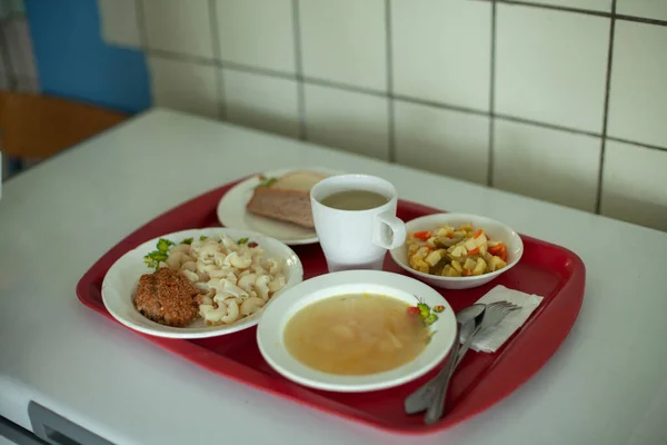 Makanan Ruang Makan Makan Siang Atas Nampan Makanan Sekolah Biasa — Stok Foto